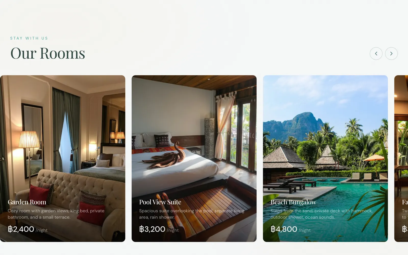 The rooms on the hotel example site: each room with its photo, a short description and its price per night