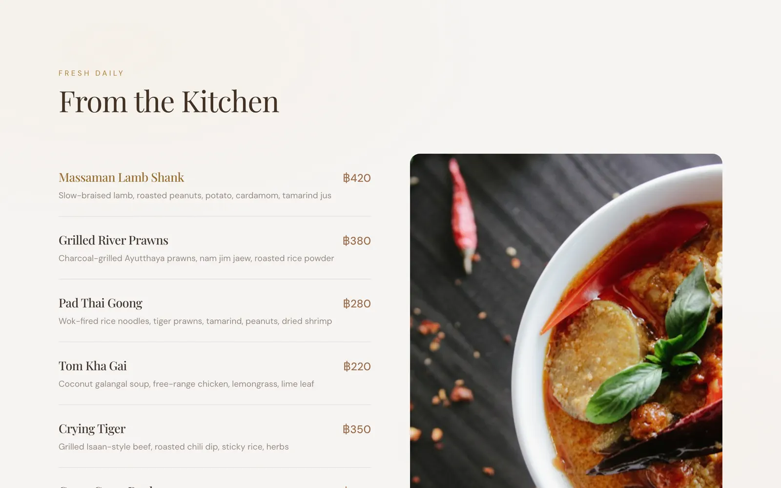 The menu on the restaurant example site: each dish with its ingredients and price, beside a photo