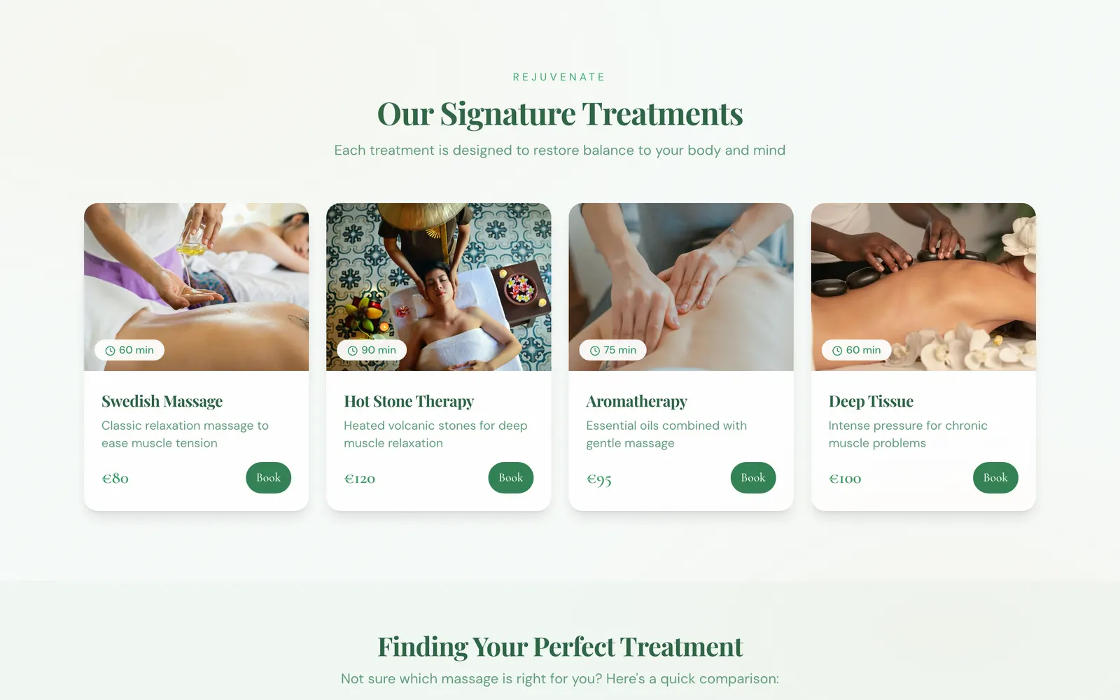 The treatments on the spa example site: each with its photo, length and price